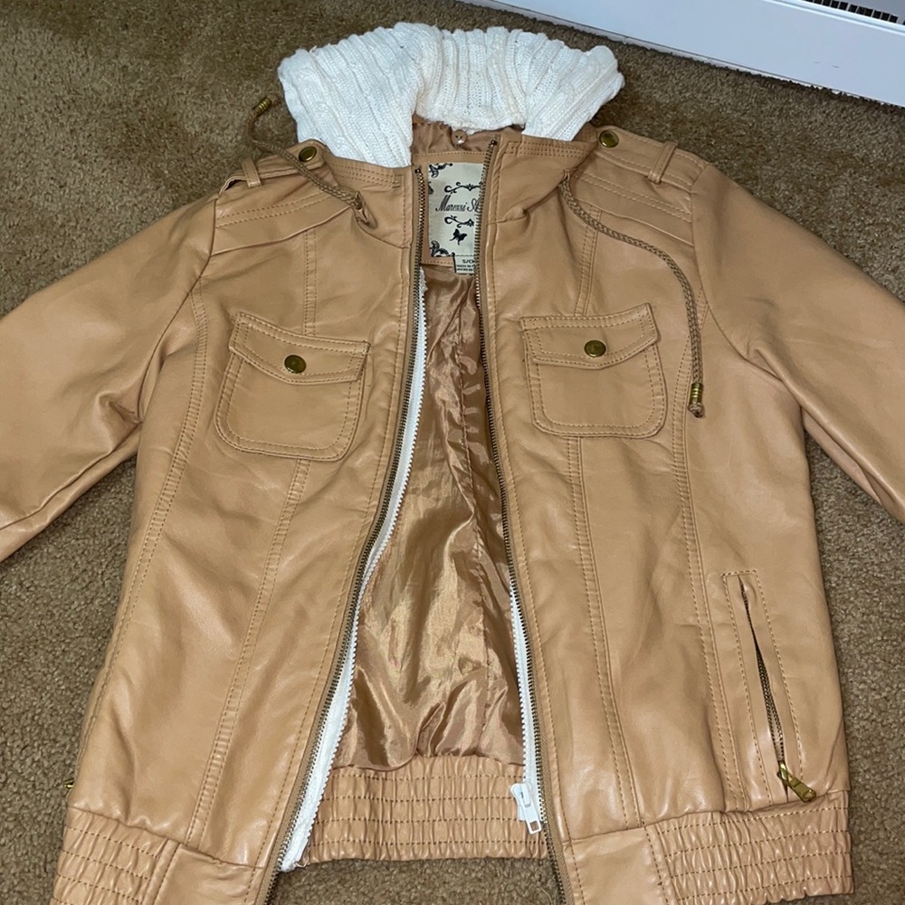 Tan faux leather jacket.